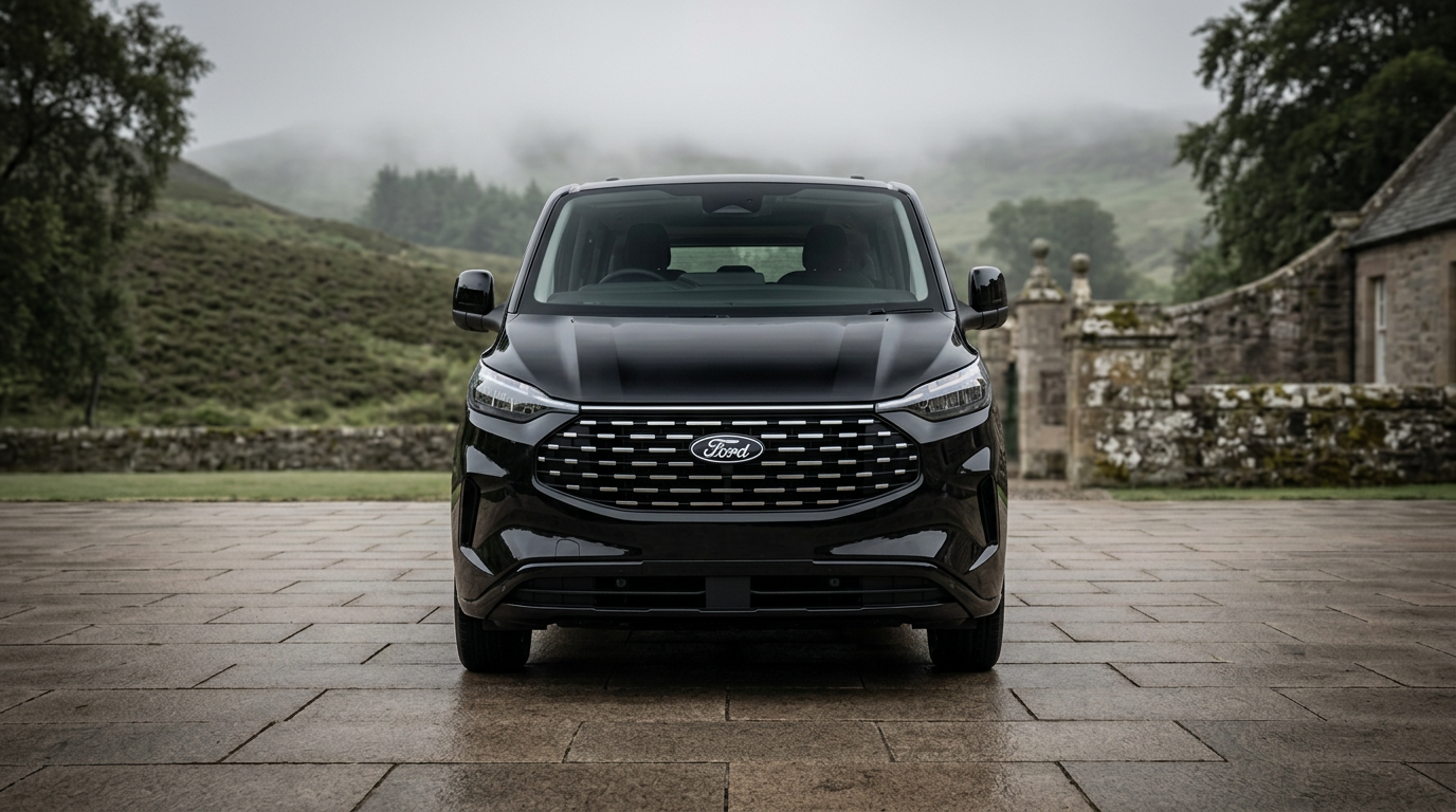 Black Ford Tourneo Custom photographed head-on in soft Scottish light