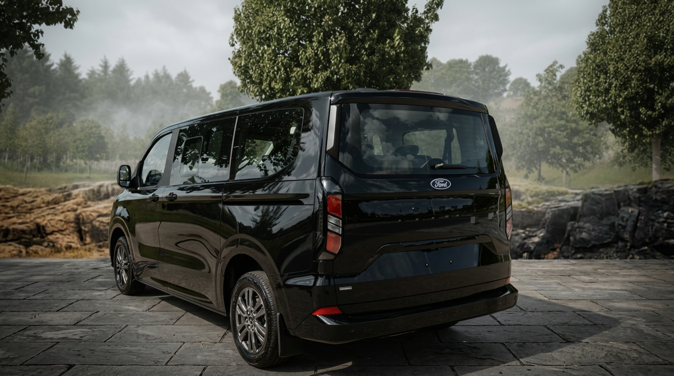 Rear three-quarter view of the black Ford Tourneo Custom with the tailgate closed