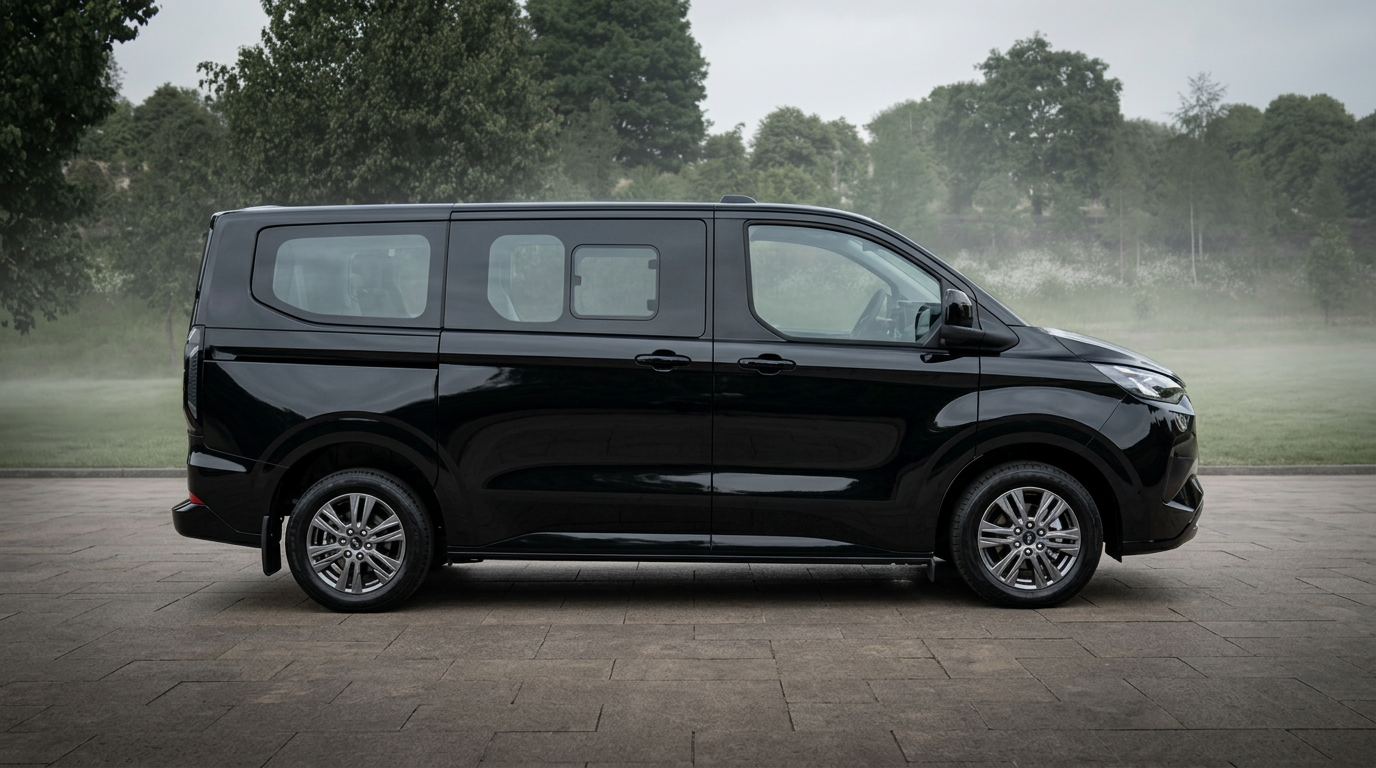 Side profile of the black Ford Tourneo Custom showing its wide sliding door